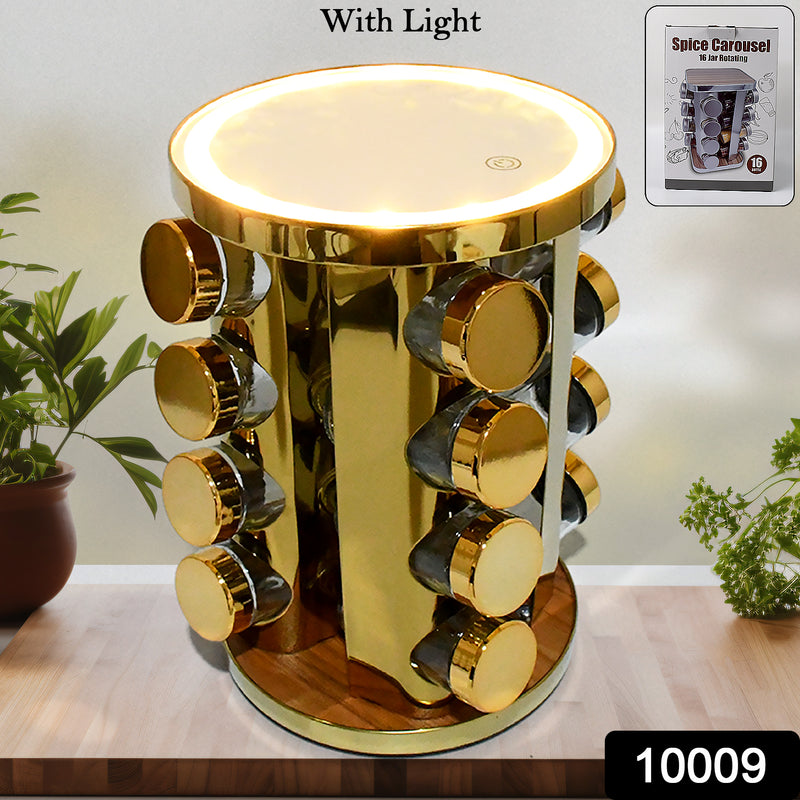 Led Spice Rack Organizer Rotating With 16 Seasoning Jars (Golden)