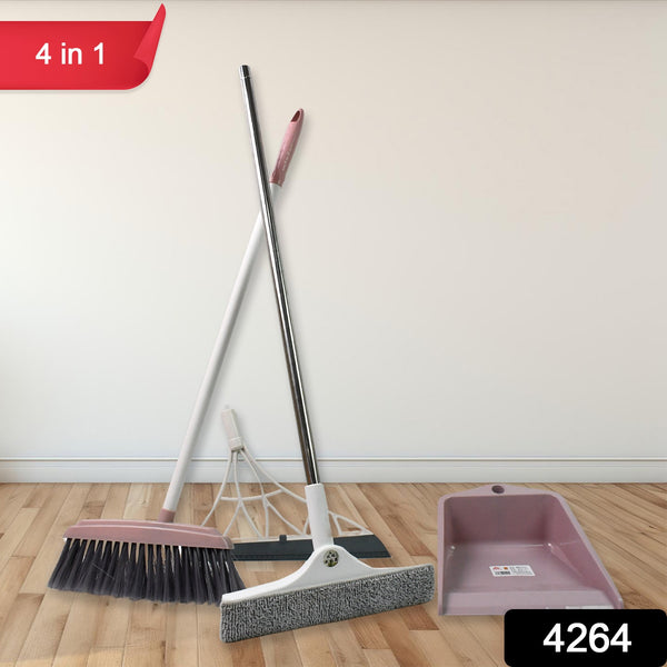 4-Pcs Cleaning Combo: Dustpan Kitchen Wiper Window Squeegee & Broom Brush