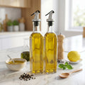 Transparent Glass Oil Dispenser Bottle Set | Leak-Proof Olive Oil & Vinegar Pourer (2 Pc)