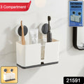 Wall Mounted 3 Compartment Toothbrush Holder With Adhesive (1 Pc)