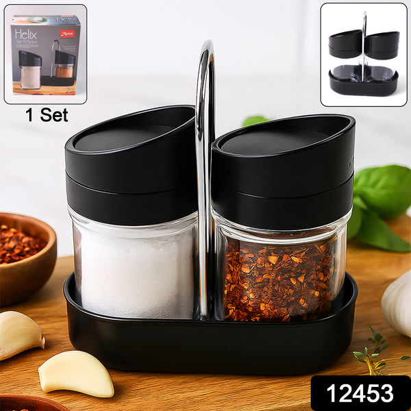 Apex Helix Salt & Pepper Jar Set with Stand | 2-Piece Plastic Spice Container