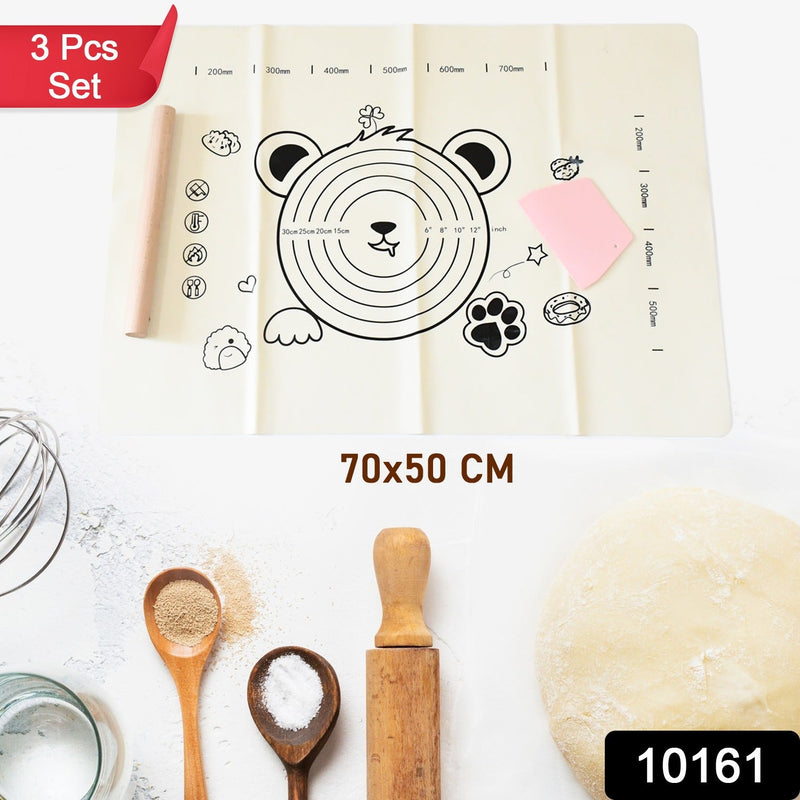 3-in-1 Silicone Baking Mat with Wooden Belan & Cake Scraper (3 Pcs Set)